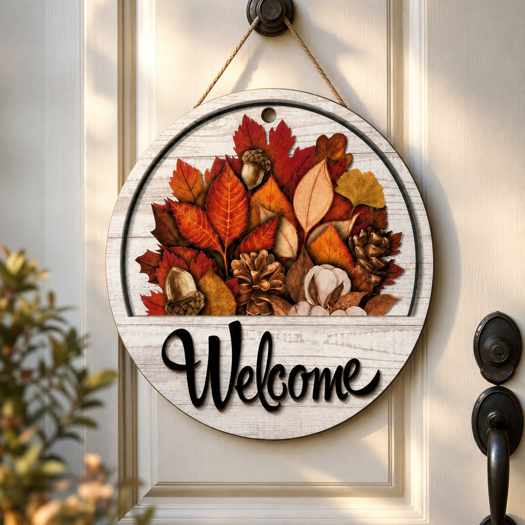 Round Wooden Welcome Sign with 16 Magnetic Icons