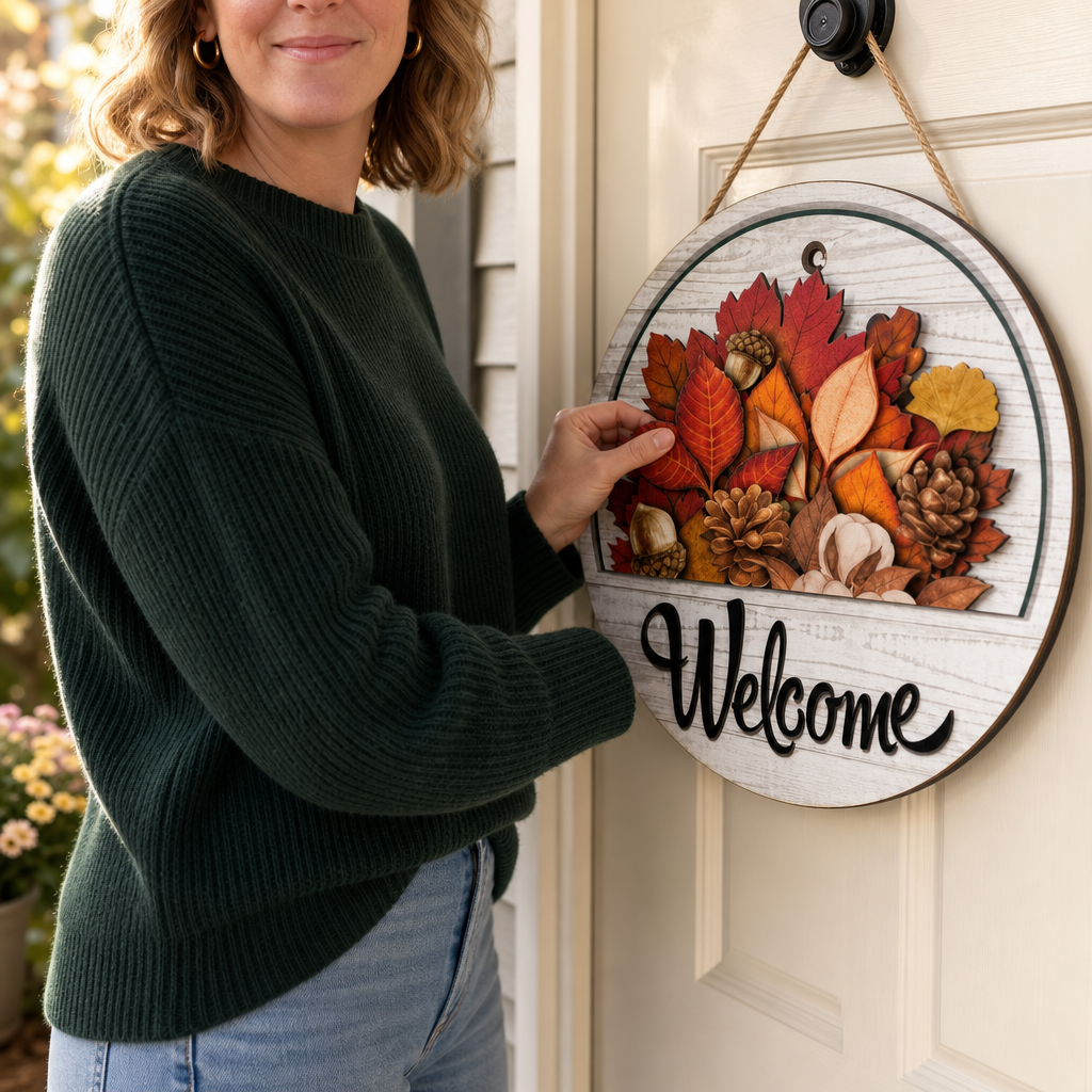 Round Wooden Welcome Sign with 16 Magnetic Icons