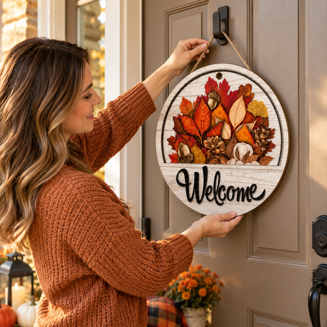 Round Wooden Welcome Sign with 16 Magnetic Icons
