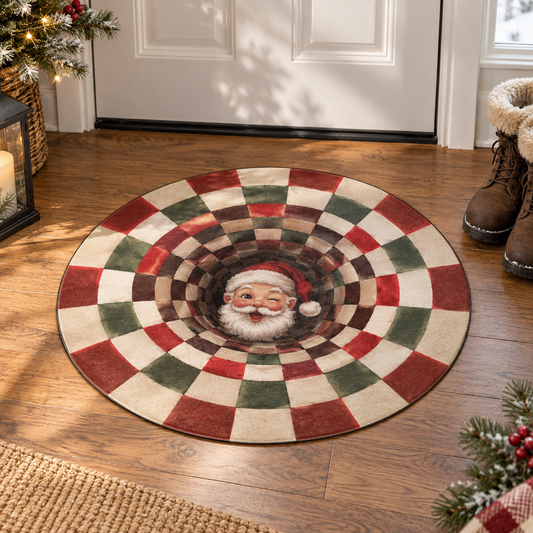 Flat Christmas illusion rug in a holiday entryway