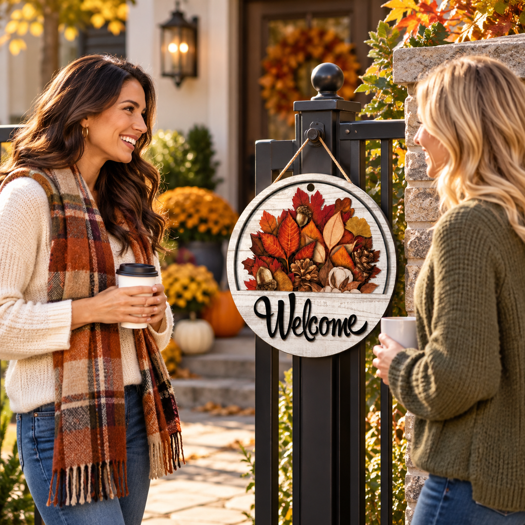 Round Wooden Welcome Sign with 16 Magnetic Icons