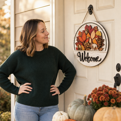 Round Wooden Welcome Sign with 16 Magnetic Icons
