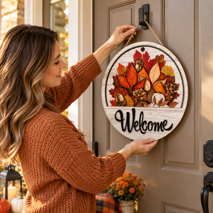 Round Wooden Welcome Sign with 16 Magnetic Icons