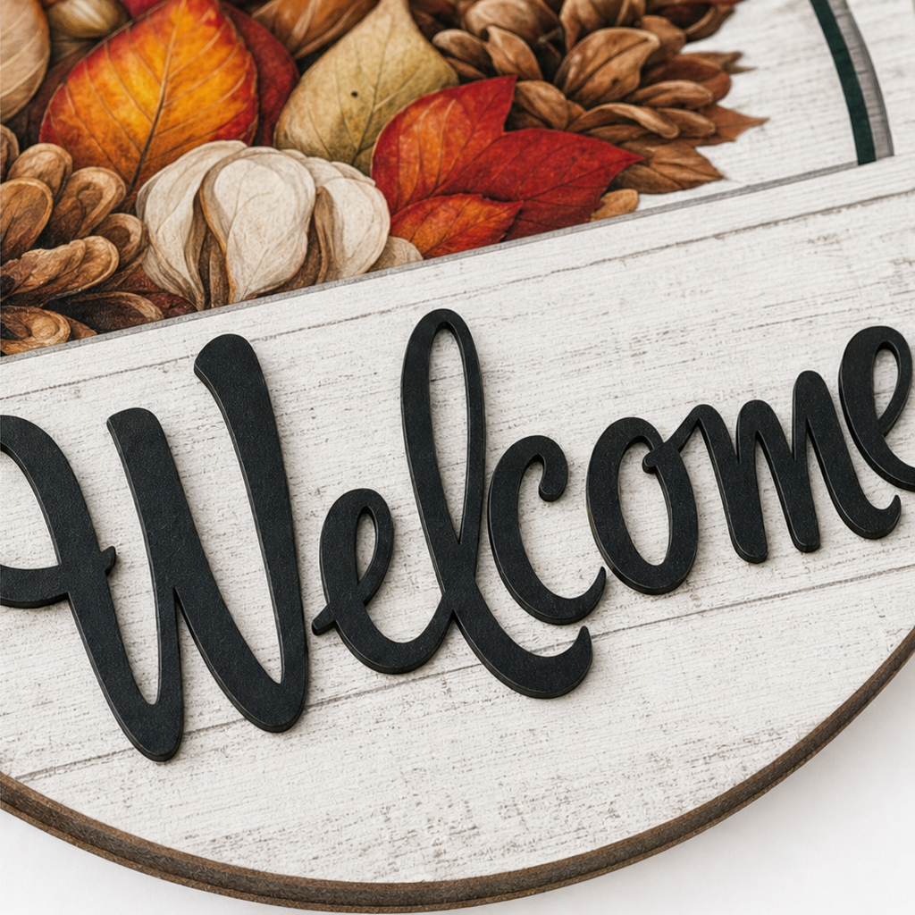 Round Wooden Welcome Sign with 16 Magnetic Icons