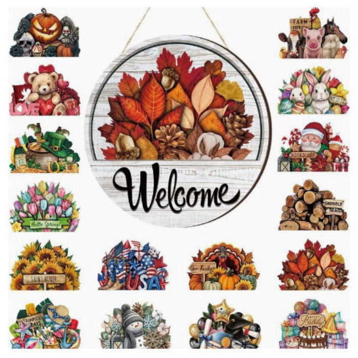 Round Wooden Welcome Sign with 16 Magnetic Icons