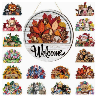 Round Wooden Welcome Sign with 16 Magnetic Icons