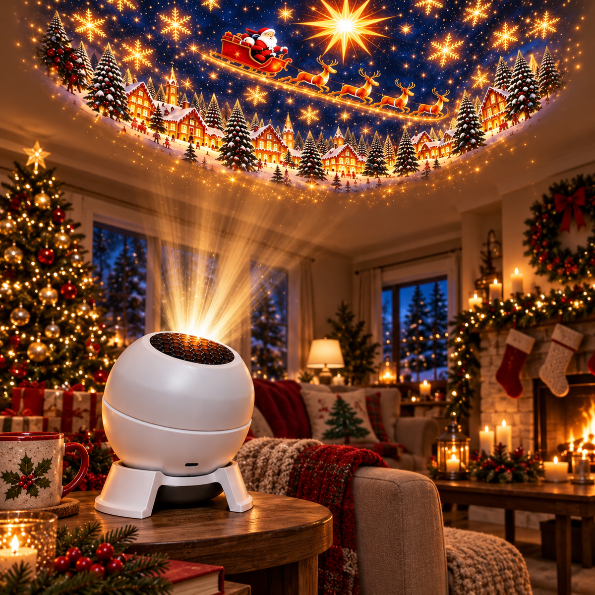 Christmas scene projector in a cozy holiday room