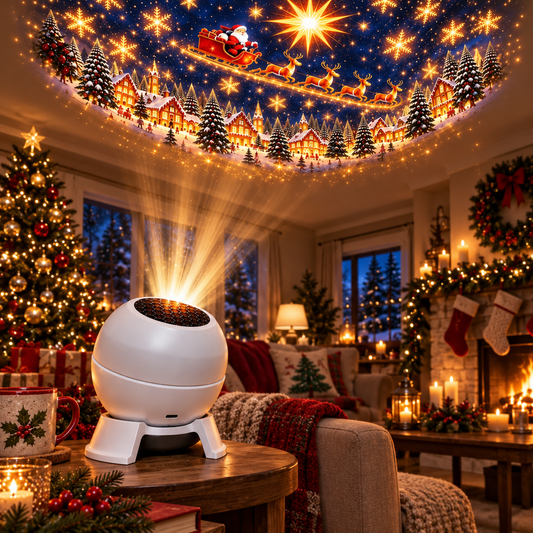 Christmas scene projector in a cozy holiday room