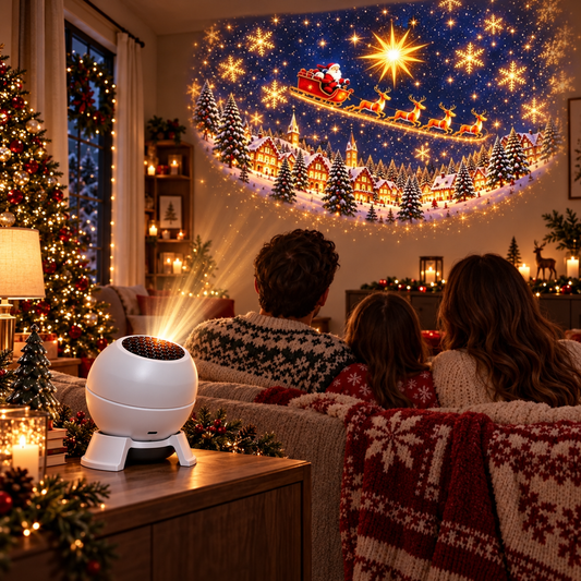 Family watching a Christmas projection