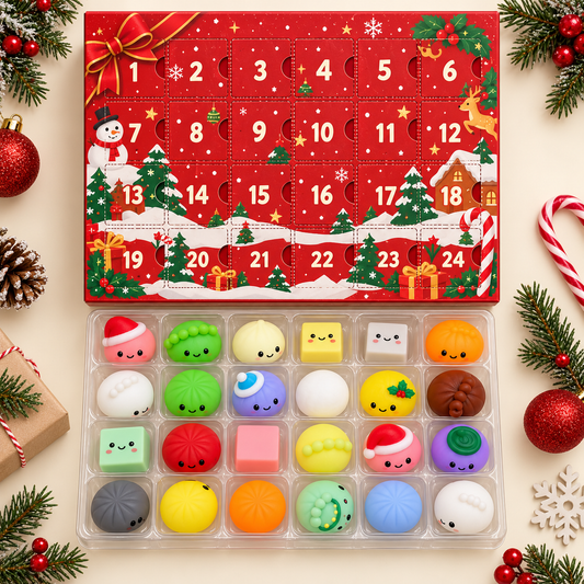 Top view of 24-door calendar and 24 squishies