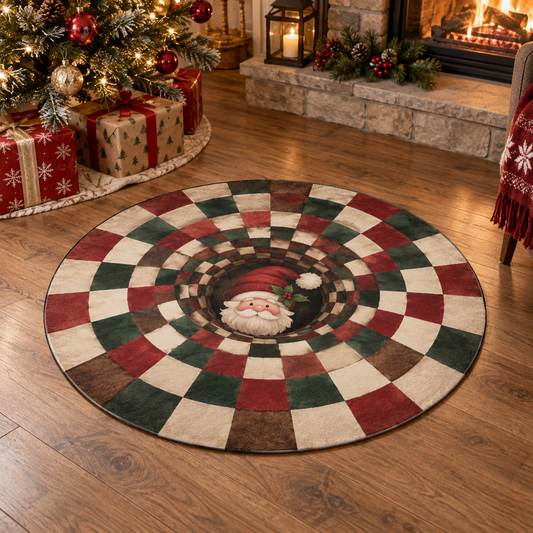 Christmas optical illusion round rug in a festive living room